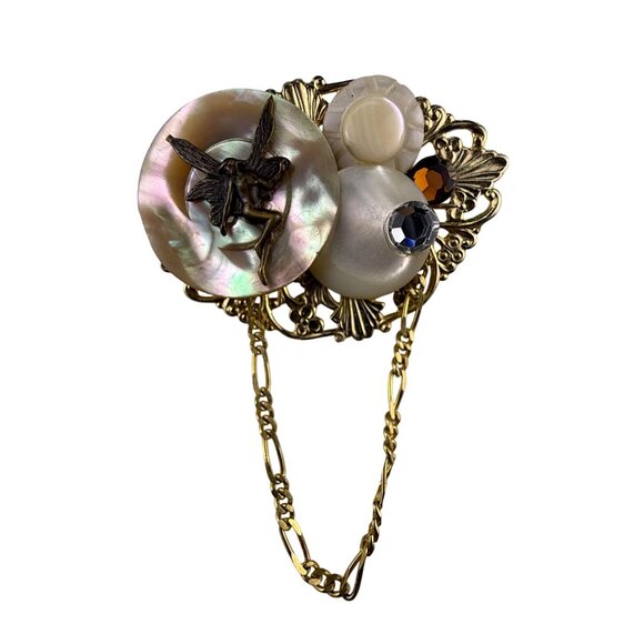 Vintage Gold Tone Filigree Fairy Brooch With Mother Of Pearl & Rhinestone - Picture 1 of 3